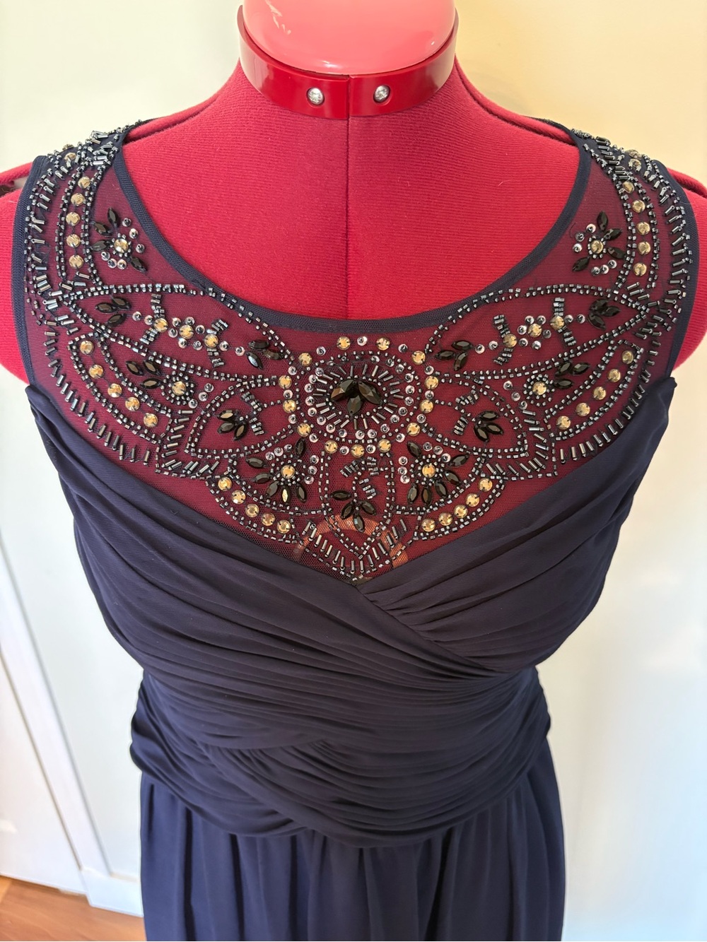 Le Chateau Navy Blue Ruched Chiffon Maxi Dress Beaded Illusion Neck 8 - Picture 3 of 16